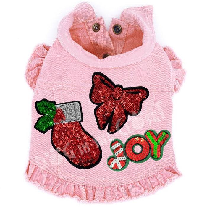 Christmas Bling Pink Denim Ruffle Dog Jacket