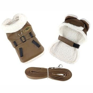 Brown and Black Faux Leather Bomber Dog Coat Harness and Leash - Posh Puppy Boutique