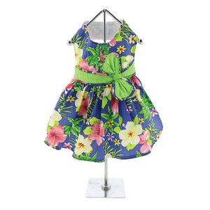 Blue Lagoon Hawaiian Hibiscus Dog Dress with Matching Leash - Posh Puppy Boutique