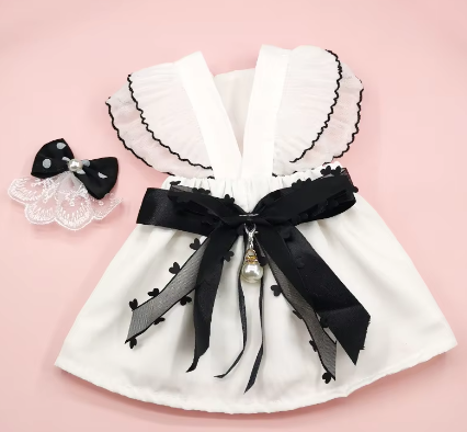 Fancy White Dress with Black Ribbon and Matching Bow