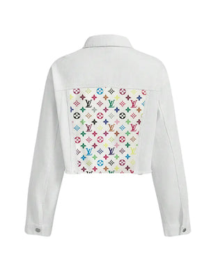 White LV Inspired Denim Dog Jacket with Matching Human Jacket