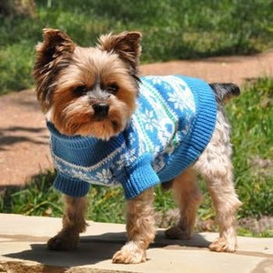 Combed Cotton Snowflake and Hearts Dog Sweater - Blue - Posh Puppy Boutique