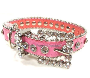 Couture Clear Crystal and Leather Dog Collar in Pink - Posh Puppy Boutique