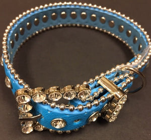 Couture Crystal and Leather Dog Collar in Blue - Posh Puppy Boutique