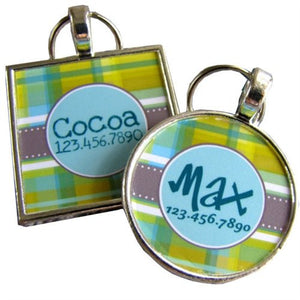 Green Plaid Silver Custom Pet ID Tag - Posh Puppy Boutique