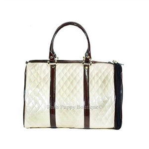 JL Duffel Tote Carrier - Ivory Quilted Luxe with Brown Shiny Trim - Posh Puppy Boutique