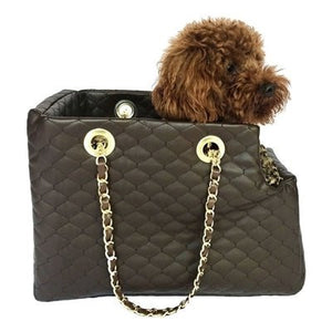 Kate Carrier in Quilted Chocolate with Chain Straps - Posh Puppy Boutique