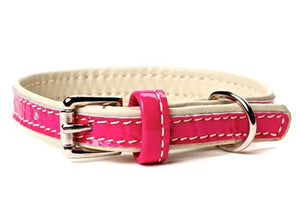 Leather Dog Collar in Beige with Pink Patent - Posh Puppy Boutique