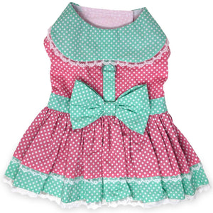 Polka Dot and Lace Dog Dress Set with Leash - Pink and Teal - Posh Puppy Boutique