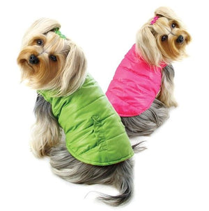 Reversible Parka Vest with Ruffle Trims - Lime - Pink - Posh Puppy Boutique