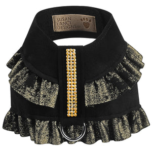 Susan Lanci Black Glitzerati Pinafore Ruffles with Gold Giltmore Tinkie Harness - Posh Puppy Boutique