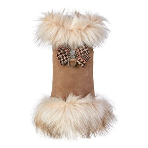 Susan Lanci Camel Ivory Fox Fur Coat with Chocolate Glen Houndstooth Nouveau Bow - Posh Puppy Boutique