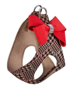 Susan Lanci Chocolate Glen Houndstooth with Red Pepper Nouveau Bow Step In Harness - Posh Puppy Boutique