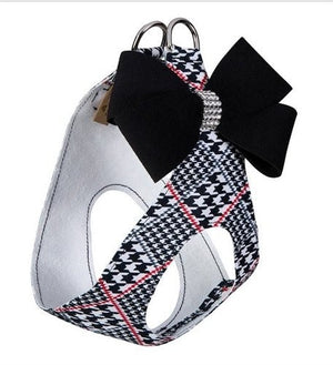 Susan Lanci Classic Glen Houndstooth with Black Nouveau Bow Step In Harness - Posh Puppy Boutique