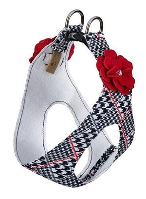 Susan Lanci Classic Glen Houndstooth with Red Pepper Tinkie Flower Step In Harness - Posh Puppy Boutique