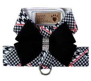 Susan Lanci Classic Glen Houndtooth with Nouveau Bow Tinkie Harness - Posh Puppy Boutique