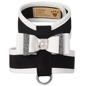 Susan Lanci Crystal Stellar Big Bow Tinkie Harness in Black With White Trim - Posh Puppy Boutique