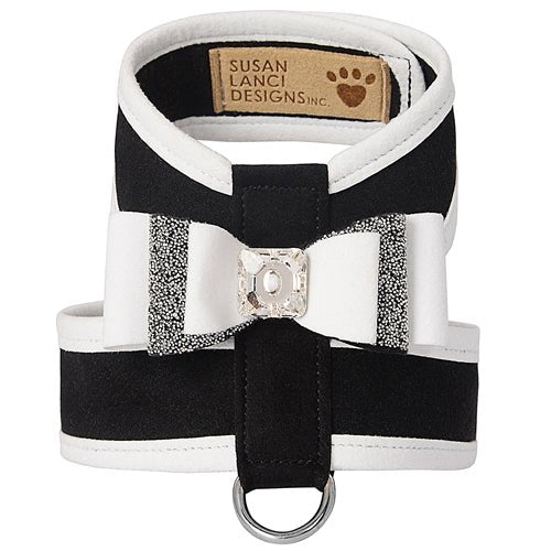 Susan Lanci Crystal Stellar Big Bow Tinkie Harness in Black With White Trim