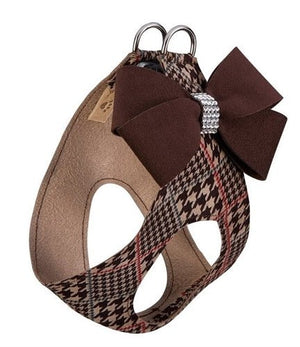 Susan Lanci Glen Houndstooth with Chocolate Nouveau Bow Step In Harness - Posh Puppy Boutique