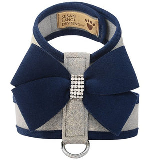 Susan Lanci Indigo Nouveau Bow Platinum Glitzerati Tinkie Harness - Posh Puppy Boutique