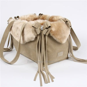 Susan Lanci Luxury Purse Carrier Collection - Nouveau Bow w - Fringe Champagne Fox Faux Fur - Posh Puppy Boutique