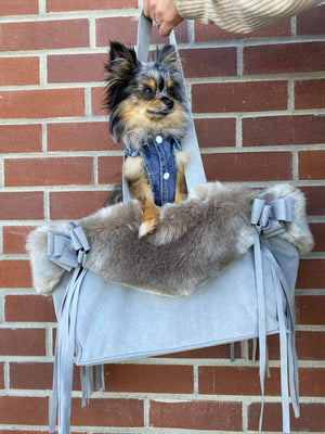 Susan Lanci Luxury Purse Carrier Collection - Nouveau Bow w - Fringe Platinum w - Soft Silver Fox Faux Fur - Posh Puppy Boutique