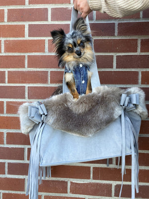 Susan Lanci Luxury Purse Carrier Collection - Nouveau Bow w - Fringe Platinum w - Soft Silver Fox Faux Fur - Posh Puppy Boutique