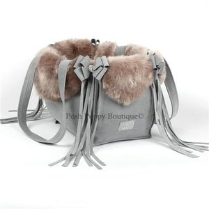 Susan Lanci Luxury Purse Carrier Collection - Nouveau Bow w - Fringe Platinum w - Soft Silver Fox Faux Fur - Posh Puppy Boutique