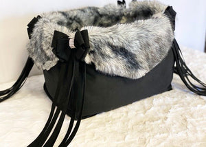 Susan Lanci Luxury Purse Carrier Collection - Nouveau Bow with Fringe Black with Grey Black Tipped Faux Fur - Posh Puppy Boutique