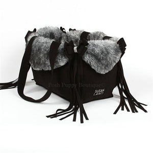 Susan Lanci Luxury Purse Carrier Collection - Nouveau Bow with Fringe Black with Grey Black Tipped Faux Fur - Posh Puppy Boutique