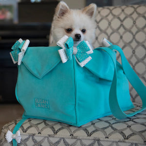 Susan Lanci Luxury Purse Carrier Collection - Ultrasuede Bimini Blue Nouveau Bow - Posh Puppy Boutique