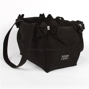 Susan Lanci Luxury Purse Carrier Collection - Ultrasuede Black Nouveau Bow - Posh Puppy Boutique