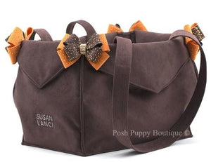 Susan Lanci Luxury Purse Carrier Collection - Ultrasuede in Cholocate and Orange Nouveau Bow - Posh Puppy Boutique