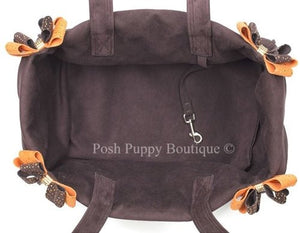 Susan Lanci Luxury Purse Carrier Collection - Ultrasuede in Cholocate and Orange Nouveau Bow - Posh Puppy Boutique