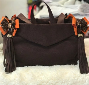 Susan Lanci Luxury Purse Carrier Collection - Ultrasuede in Cholocate and Orange Nouveau Bow - Posh Puppy Boutique