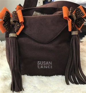 Susan Lanci Luxury Purse Carrier Collection - Ultrasuede in Cholocate and Orange Nouveau Bow - Posh Puppy Boutique