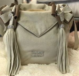 Susan Lanci Luxury Purse Carrier Collection - Ultrasuede in Doe and Fawn Nouveau Bow - Posh Puppy Boutique