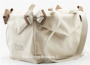 Susan Lanci Luxury Purse Carrier Collection - Ultrasuede in Doe and Fawn Nouveau Bow - Posh Puppy Boutique