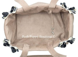 Susan Lanci Luxury Purse Carrier Collection - Ultrasuede in Fawn and Serengeti Nouveau Bow - Posh Puppy Boutique