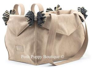 Susan Lanci Luxury Purse Carrier Collection - Ultrasuede in Fawn and Serengeti Nouveau Bow - Posh Puppy Boutique