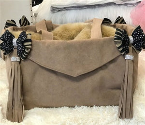 Susan Lanci Luxury Purse Carrier Collection - Ultrasuede in Fawn and Serengeti Nouveau Bow - Posh Puppy Boutique