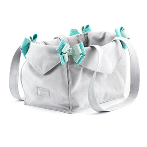 Susan Lanci Luxury Purse Carrier Collection - Ultrasuede in Platinum and Mint Nouveau Bow - Posh Puppy Boutique