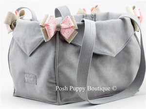 Susan Lanci Luxury Purse Carrier Collection - Ultrasuede in Platinum and Puppy Pink Nouveau Bow - Posh Puppy Boutique