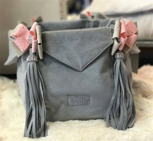 Susan Lanci Luxury Purse Carrier Collection - Ultrasuede in Platinum and Puppy Pink Nouveau Bow - Posh Puppy Boutique