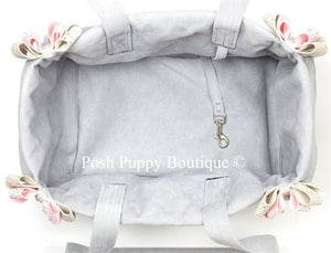 Susan Lanci Luxury Purse Carrier Collection - Ultrasuede in Platinum and Puppy Pink Nouveau Bow - Posh Puppy Boutique