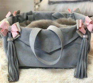 Susan Lanci Luxury Purse Carrier Collection - Ultrasuede in Platinum and Puppy Pink Nouveau Bow - Posh Puppy Boutique