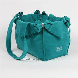 Susan Lanci Luxury Purse Carrier Collection - Ultrasuede Montego Blue Nouveau Bow - Posh Puppy Boutique