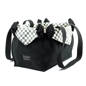 Susan Lanci Luxury Purse Carrier Collection - Windsor Check Ultrasuede Black Nouveau Bow - Posh Puppy Boutique