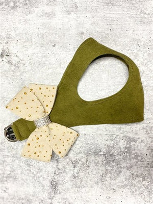 Susan Lanci Olive with Gold Stardust Doe Nouveau Bow Step in Harness - Posh Puppy Boutique