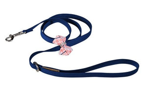 Susan Lanci Peaches N Cream Glen Houndstooth Nouveau Bow Leash on Indigo - Posh Puppy Boutique